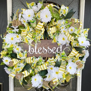 BLESSED Lemon Lime Daisy Deco Mesh Front Door Wreath Handmade Summer Home Decor - Picture 1 of 6