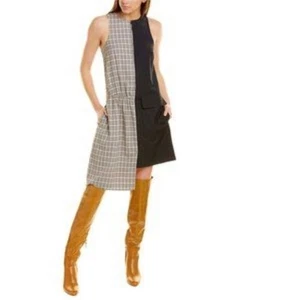 Tibi Sana Check Plaid Colorblock Sleeveless Asymmetric Dress Navy Tan Size 10 - Picture 1 of 15