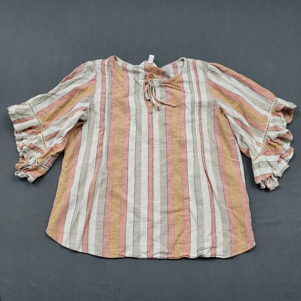 Blusa LC Lauren Conrad Mujer M 3/4 Volantes Manga Lino Cuello en V Rayas Rosa Foto 1 de 4