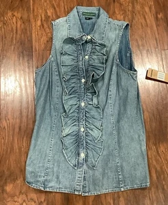 Vtg POLO Ralph Lauren DENIM Button Ruffle Front Medium - Picture 1 of 5