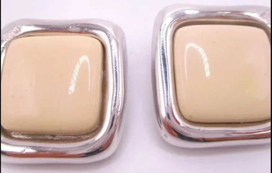 vintage 1990s Givenchy clip on earrings cream silver minimalist square 0061 - Image 1 of 4