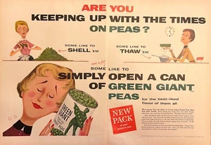Green Giant Great Big Tender Sweet Peas 1954 Vintage TWO PAGE Print Ad Open Can - Picture 1 of 1