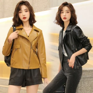 Short Girl Leather Jacket Women's PU Leather Jacket Slim Fit Leather Coat - Picture 1 of 9