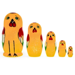 Set of 5 Rooster Family Wooden Nesting Dolls - Picture 1 of 3