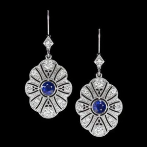 1.35ct SAPPHIRE DIAMOND DANGLE EARRINGS VINTAGE STYLE DROP WHITE GOLD ART DECO - Picture 1 of 2