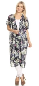 Loose Long Cardigan Blouse Kimono Cover Up Floral Leaves Prints Black One Size - Picture 1 of 4