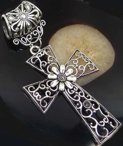 Scarf Pendant Silver Pewter Filigree Cross Slide - Picture 1 of 3