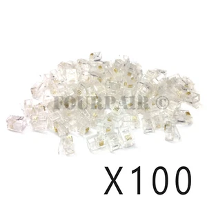 100 Pack - RJ11 6P4C Flat Cable Telephone Crimp-On Connector Modular Plug Ends - Picture 1 of 2