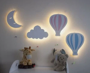 Kid's Night Light Lamp Balloon Moon Cloud Pink Blue Nursery Wooden Decor Home - Picture 1 of 45