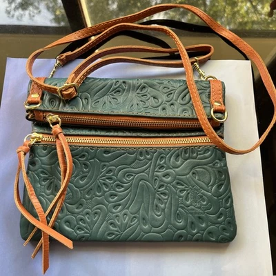 VERA PELLE Italian Leather Tooled Floral Foldover Crossbody Bag - Image 1 of 4