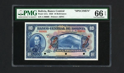 BOLIVIA SPECIMEN Banknote P121 s , 1928 , 10 Bolivianos PMG 66 EPQ Simón Bolívar - Image 1 of 2