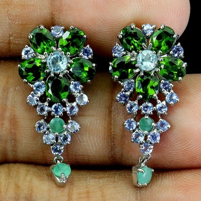 Black Friday 925 Sterling Silver Earrings Oval Chrome Diopside Emerald Jewelry - Image 1 of 4