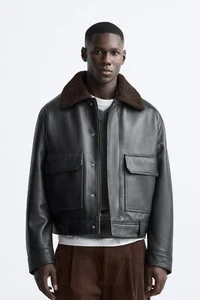 New Zara Aviator Leather Jacket w Faux Shearling S M L 5479/500 bomber biker - Picture 1 of 8