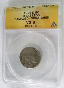1926-D  3½ Legged Buffalo Nickel 5¢ ANACS Graded VG 8 Very Nice Example Piece - Picture 1 of 4