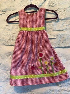 BT Kids Red Gingham Seersucker Dress Size 6 Floral Ladybugs Dress - Picture 1 of 10