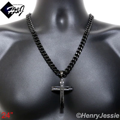 24"MEN Stainless Steel 9mm Black Plated Cuban Curb Necklace Cross Pendant*A11 - Image 1 of 4