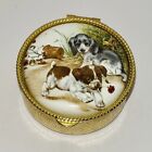 Vintage Pill Box Dogs Puppies Porcelain Gold Metal Trinket Divided Little Scamp