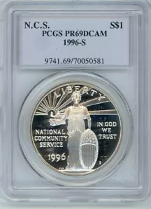 1996S NATIONAL COMMUNITY SERVICE COMMEMORATIVE $1 PCGS PR69DCAM Cert. 70050581 - Picture 1 of 2