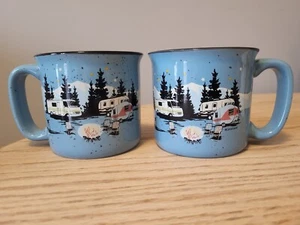 Camp Casual Blue Outdoors Camp Retro Camper RV Speckled Coffee Mug Cup Set Of 2 - Picture 1 of 11