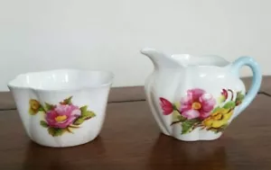 Shelley Begonia Dainty Creamer And Open Sugar #13427 Pink & Yellow Flowers - Picture 1 of 10