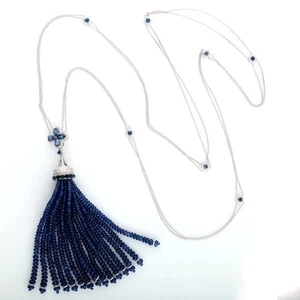 Natural Sapphire Opera Necklace 18k White Gold Diamond Jewelry For Women - Picture 1 of 7