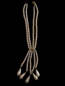 Vintage 15” Faux Pearl Strand Necklace W/5 Teardrop Pearl Tassles Gold Accents - Picture 1 of 5