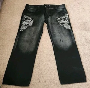 Ed Hardy By Audigier Men's Black Jeans Rhinestone Tiger Design - 42x34 READ - Picture 1 of 12