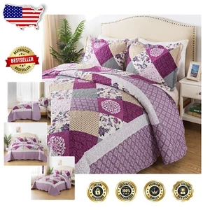 Elegant 3-Piece King Quilt Set in Beige & Purple - Reversible Microfiber Bedding - Picture 1 of 9