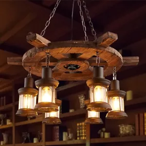 6 Lights Industrial Wooden Pendant Light Rudder Antique Hanging Lamp Chandelier - Picture 1 of 15