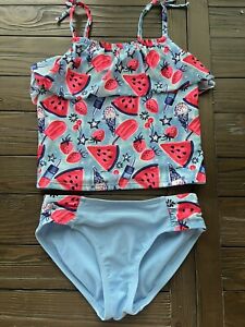 Girls Cat & Jack Watermelon Swimsuit Tankini 2 Piece Size M 7 / 8 Blue Pink EUC