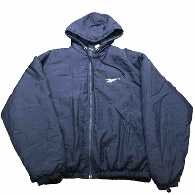 REEBOK VINTAGE PUFFER Navy BLUE MENS Medium HOODED Quilted JACKET Embroidered - Image 1 of 4