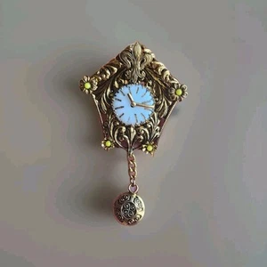Vintage/Antique Czech Enamel Brass Brooch Floral Clock Pendulum Signed Gold Tone - Picture 1 of 9