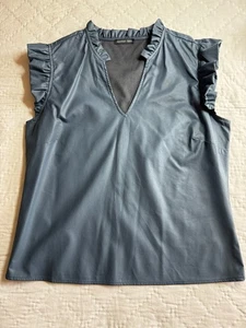 Robertson & Rodeo Womens Blouse Top Blue Vegan Leather Ruffle V-Neck Large - Picture 1 of 6