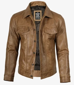 Men's Customized Biker Bomber Camel Brown Real Lambskin Leather Trucker Jacket - Picture 1 of 6