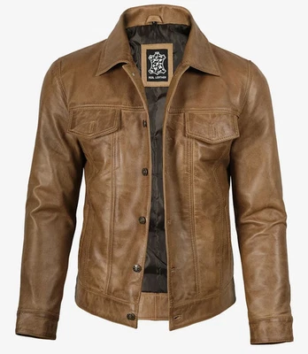 Men's Customized Biker Bomber Camel Brown Real Lambskin Leather Trucker Jacket - Image 1 of 4