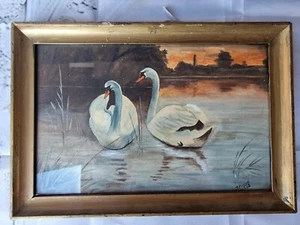 Antigua acuarela sig J Pietsch cisnes 1920 escena de lista natural en marco antiguo 31x21 - Imagen 1 de 11