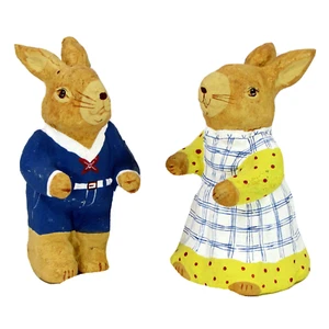 Primitive Folk Art Paper Mache BOY & GIRL BUNNY 4" Figurine Set 2Pc Easter - Picture 1 of 12