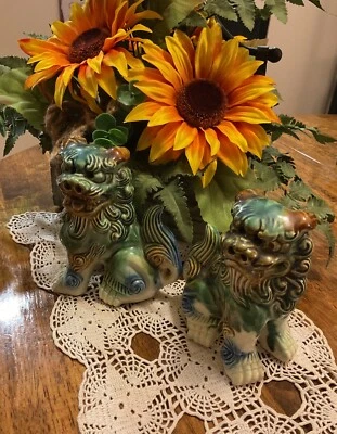 Vintage Chinese Porcelain Foo Dog Statue Figurine Green and Blue Glaze 5 1/2" - Image 1 of 3