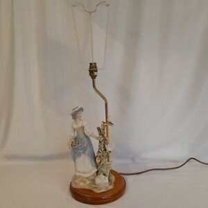 Vintage Figurine Lamp Flower Picker With Birds Ceramic Brass Gooseneck Stand