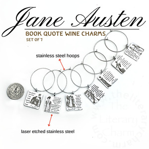 JANE AUSTEN Book Quote Wine Charms Beverage Drink Markers 7 Piece Set Host Gift