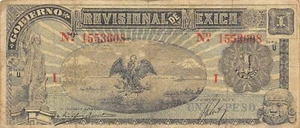 Mexico  1  Peso  1.5.1916  Series  U  Plate  I  Circulated Banknote Qash C - Picture 1 of 2