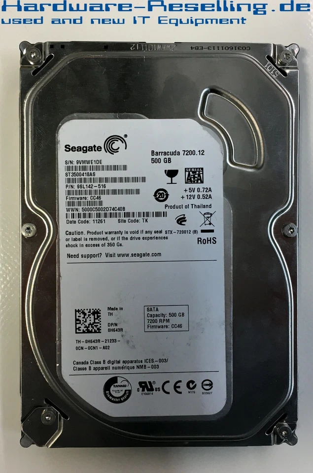Dell 500GB 7.2K SATA 16MB 3,5 " ST3500418AS 0H643R 9SL142-XXX - Immagine 1 di 1