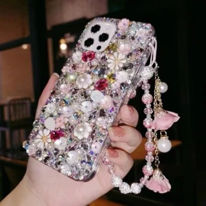 Funda para teléfono de lujo con diamantes brillantes para iPhone Samsung Huawei + pulsera de flores - Imagen 1 de 7