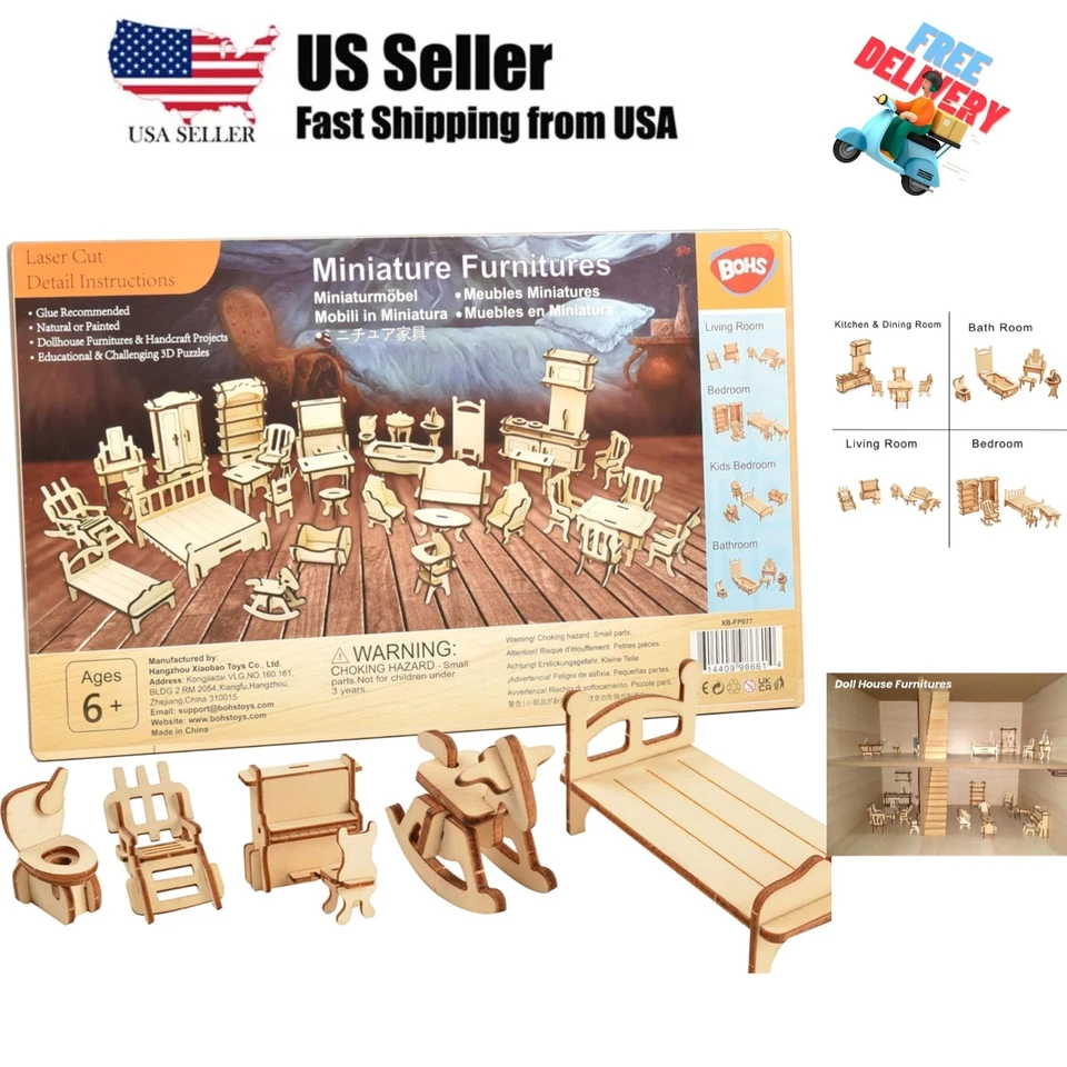 1set34pcs Wooden Dollhouse Furnitures 3d Puzzle Scale Miniature Models DIY