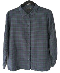 Top vintage a cuadros de seda con botones talla M verde azul marino tartán manga larga Academia - Imagen 1 de 11