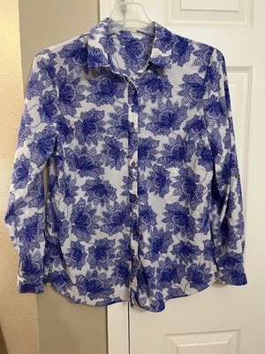 Кобальтовый синий на белом пейсли на пуговицах рулон вкладка рукава Jaclyn Smith большой L - Изображение 1 из 2