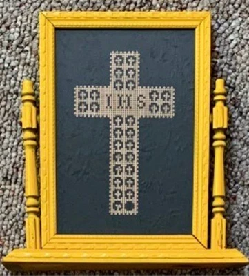 Sweet  Vintage Paper Punch IHS CROSS Cut-out Sampler in Stand up Frame - Image 1 of 4