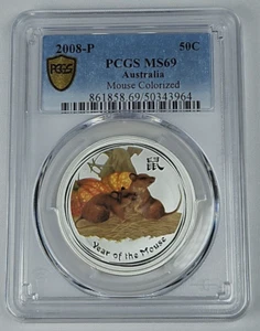 2008 AUSTRALIA YEAR OF THE MOUSE Colorized Silver 1/2 oz 50 Cent Coin PCGS MS 69 - Picture 1 of 3