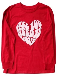 Girls Red Puffy Heart "All You Need Is Love" Valentines Day Tee T-Shirt - Picture 1 of 2