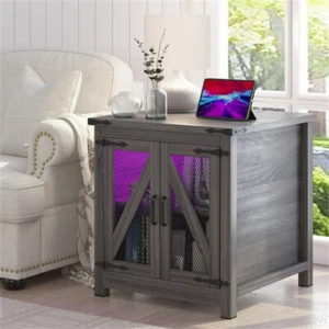 Farmhouse Side Table with Charging Station,Mesh Door & Adjustable Storage Shelf  - Picture 1 of 17